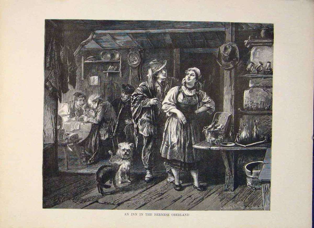 Original Old Antique Print Inn Bernese Oberland Switzerland Art