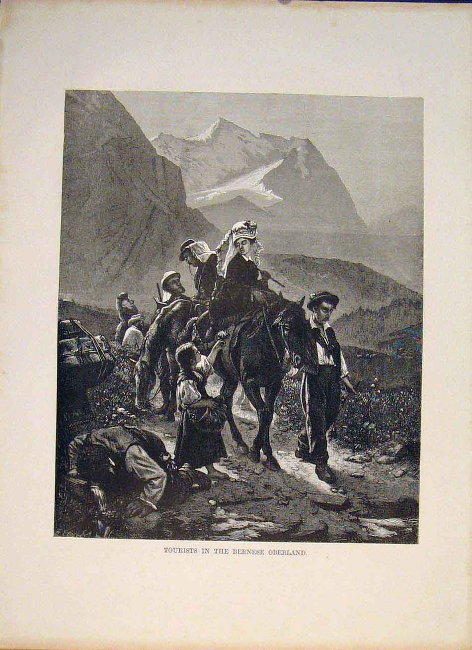 Original Old Antique Print Tourists Bernese Oberland Switzerland Swis