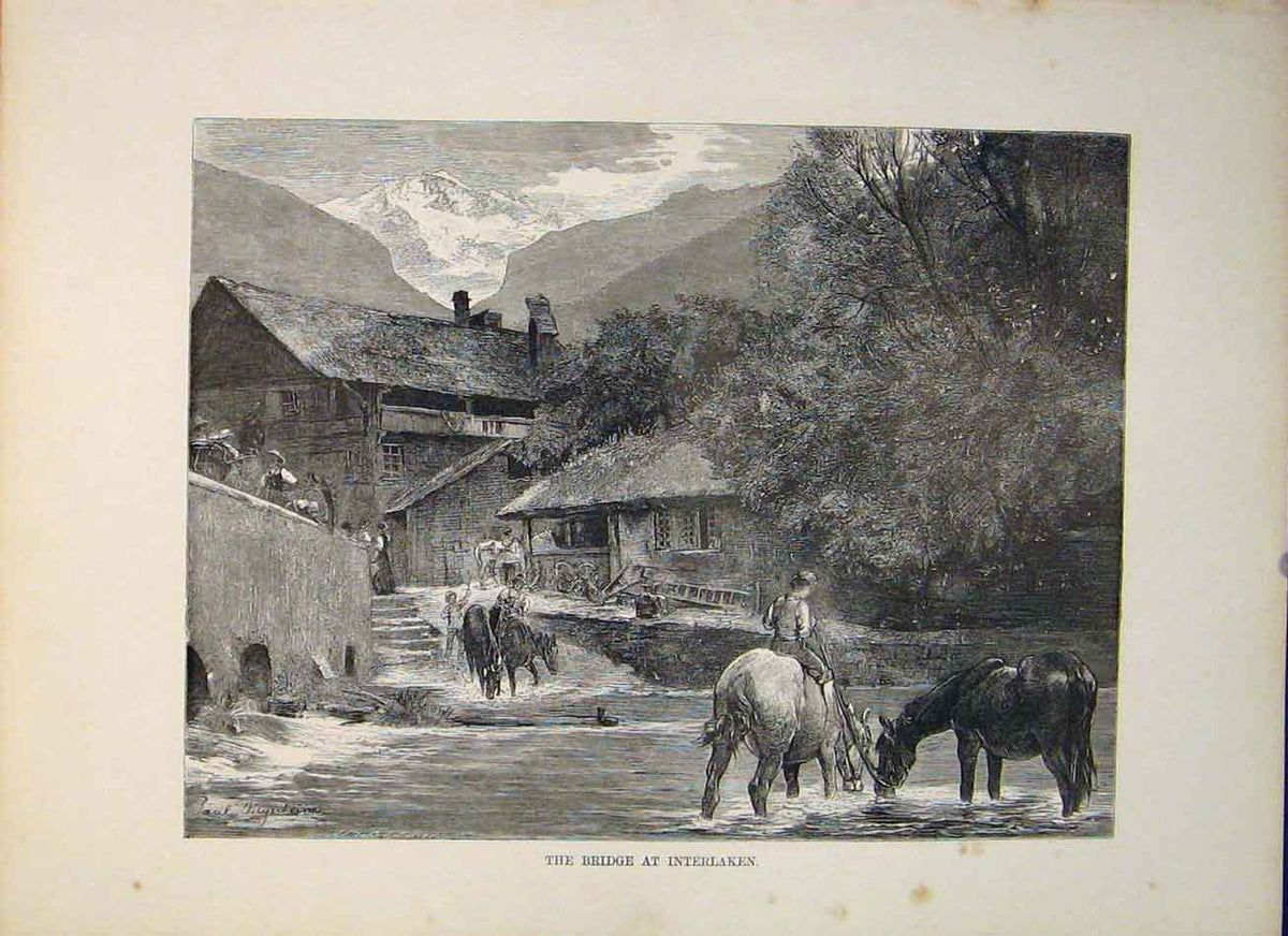 Original Old Antique Print Bridge Interlaken Switzerland Swiss C1882 Victorian