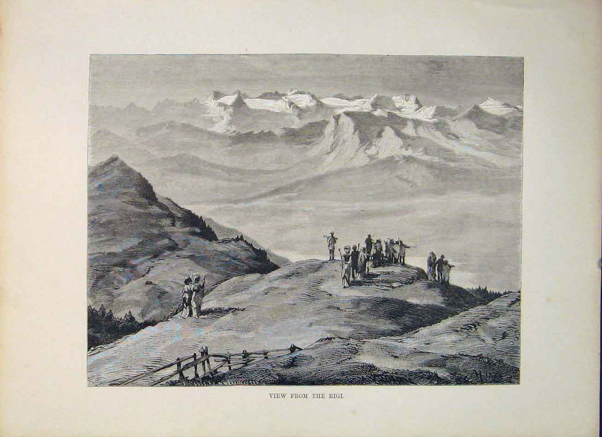 Original Old Antique Print Rigi Switzerland Swiss Fine Art C1878 19th