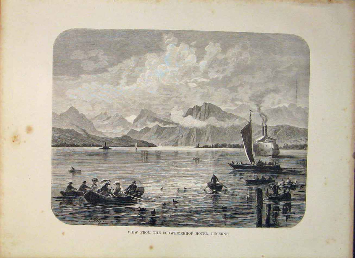 Original Old Antique Print SchweizerhSwitzerland Hotel Lucerne