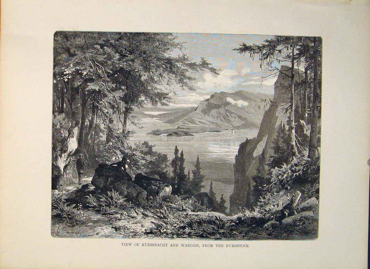 Original Old Antique Print Switzerland Kuessnacht Burgstock