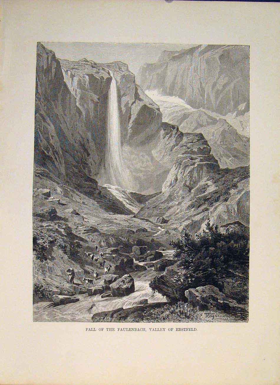 Original Old Antique Print Switzerland Swiss Fall Faulenbach Valley