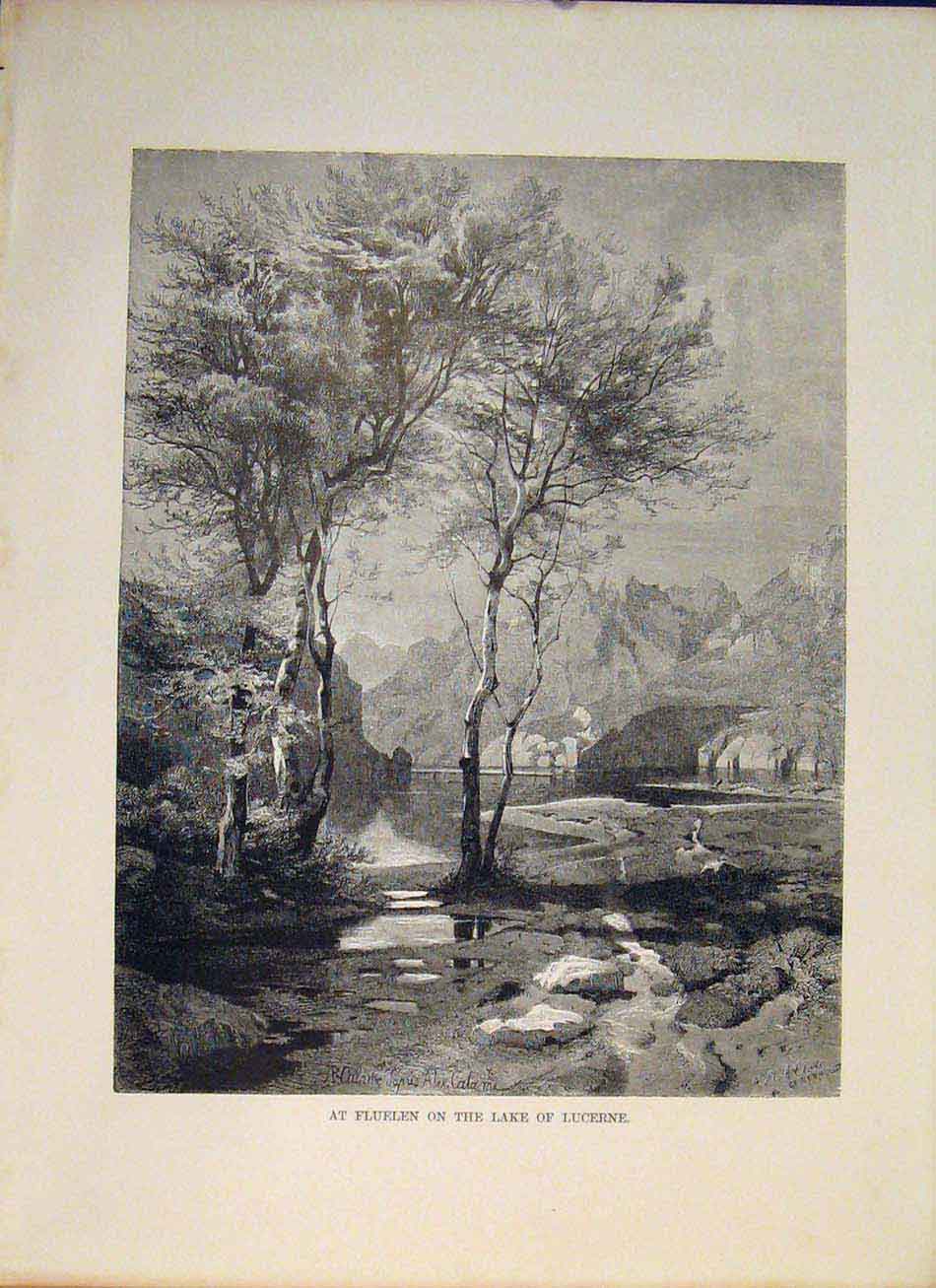 Original Old Antique Print Fluelen Lake Lucerne Switzerland Swiss