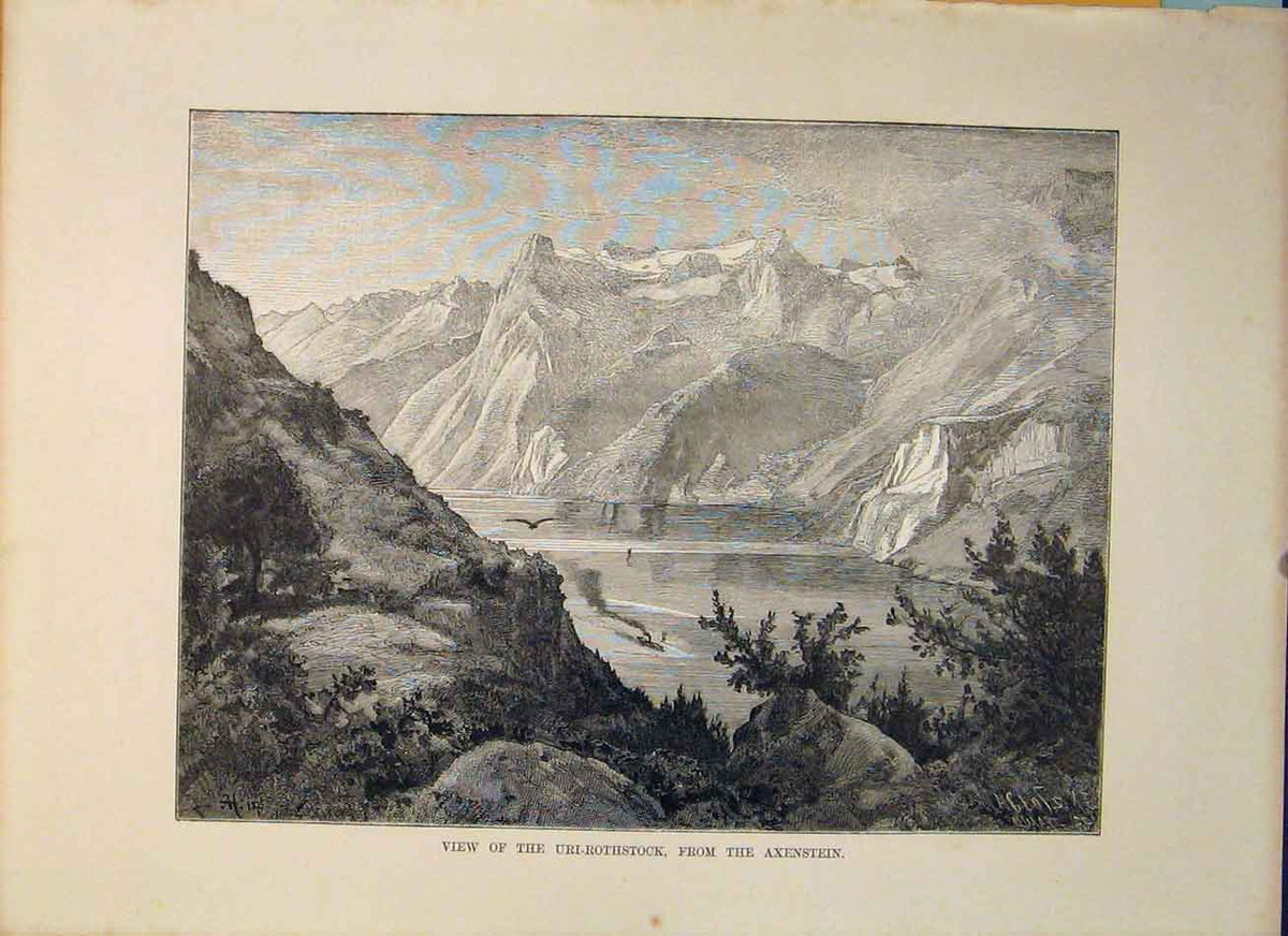 Original Old Antique Print Uri Rothstock Axenstein Switzerland Swiss