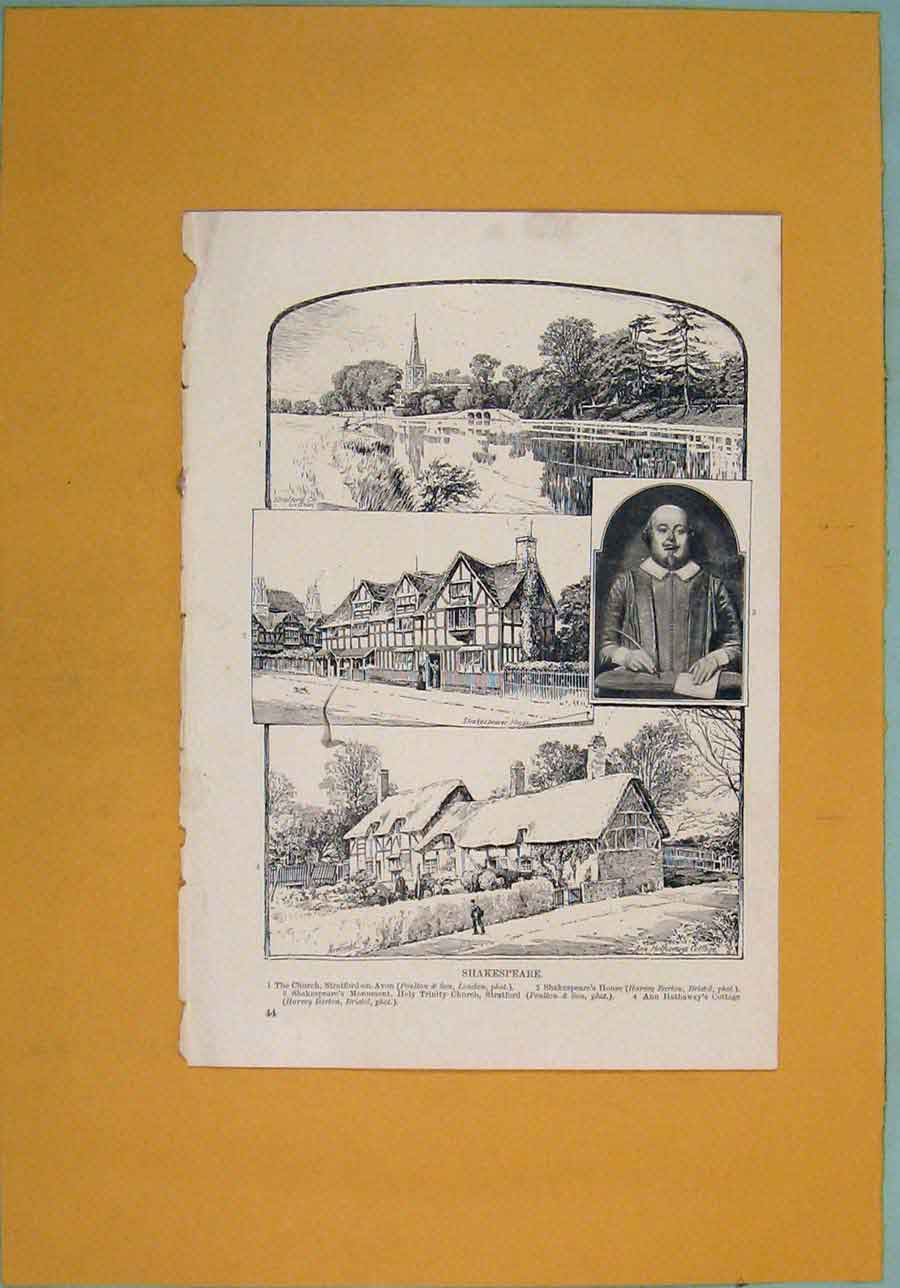 Original Old Antique Print Shakespaeare Stratford House Monumnet Hathaway