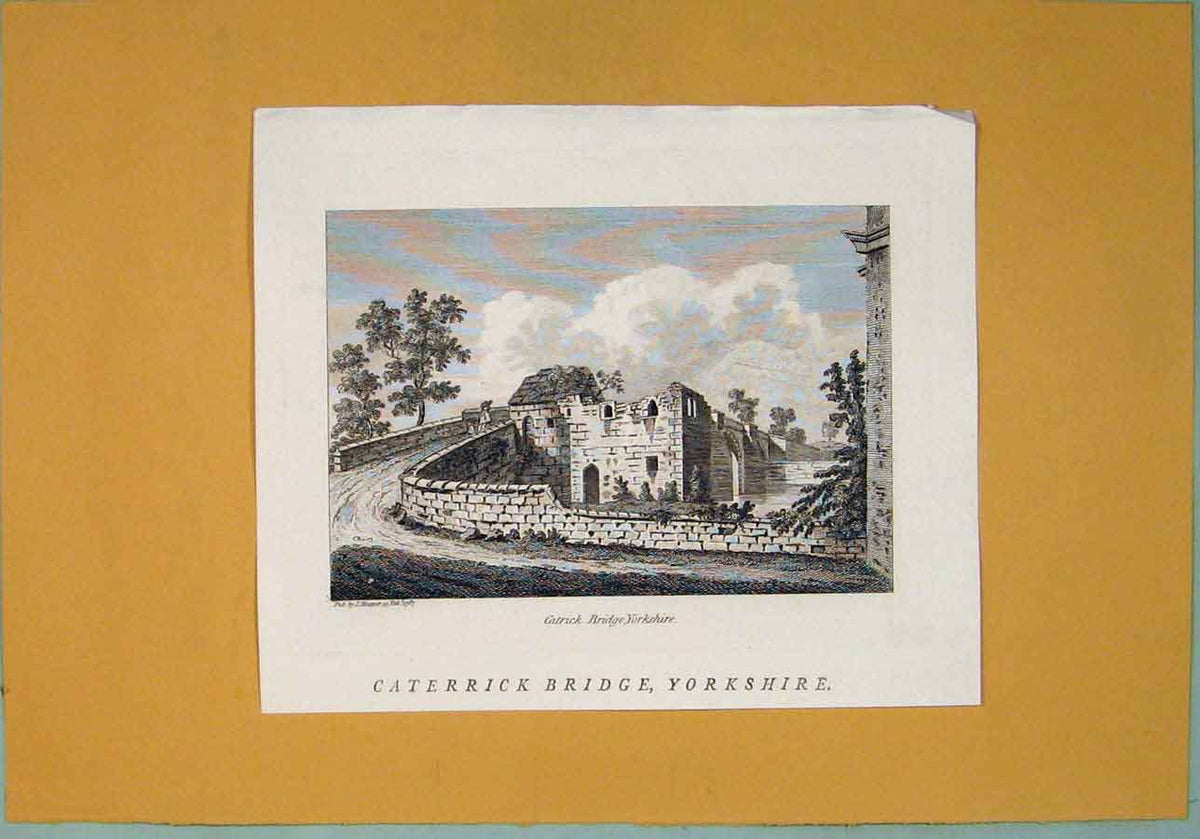 Original Old Antique Print Caterrick Bridge Fine Art Yorkshire