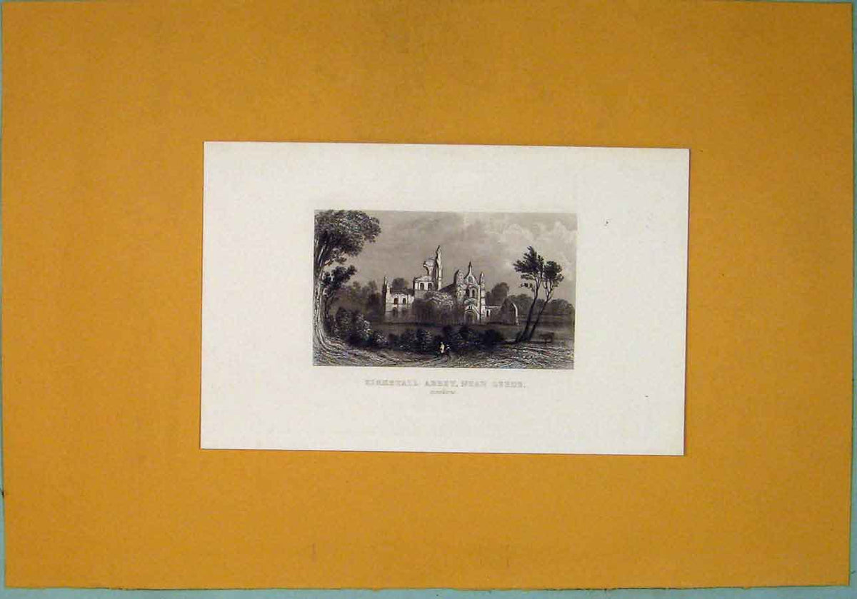 Original Old Antique Print Kirkstall Abbey Leeds Art Yorkshire