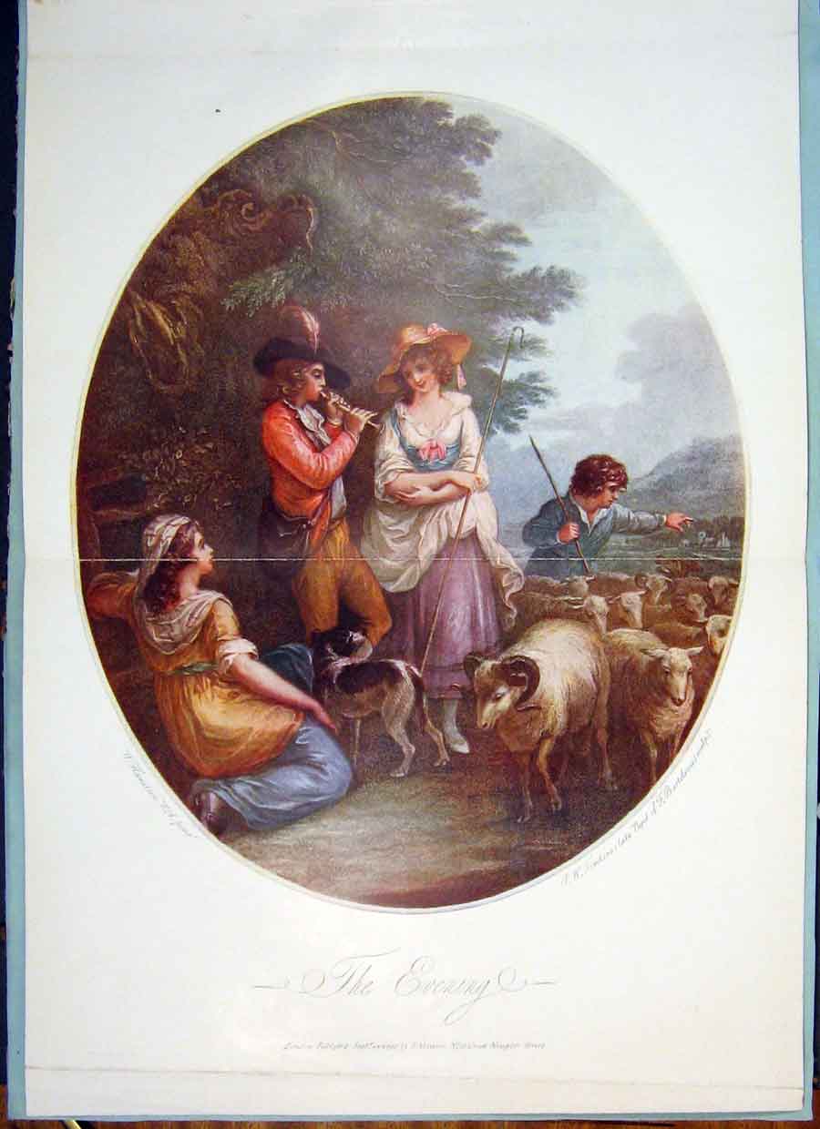 Old Antique Print Evening Family Sheep Whistle Color Tomkins Hamilton Art