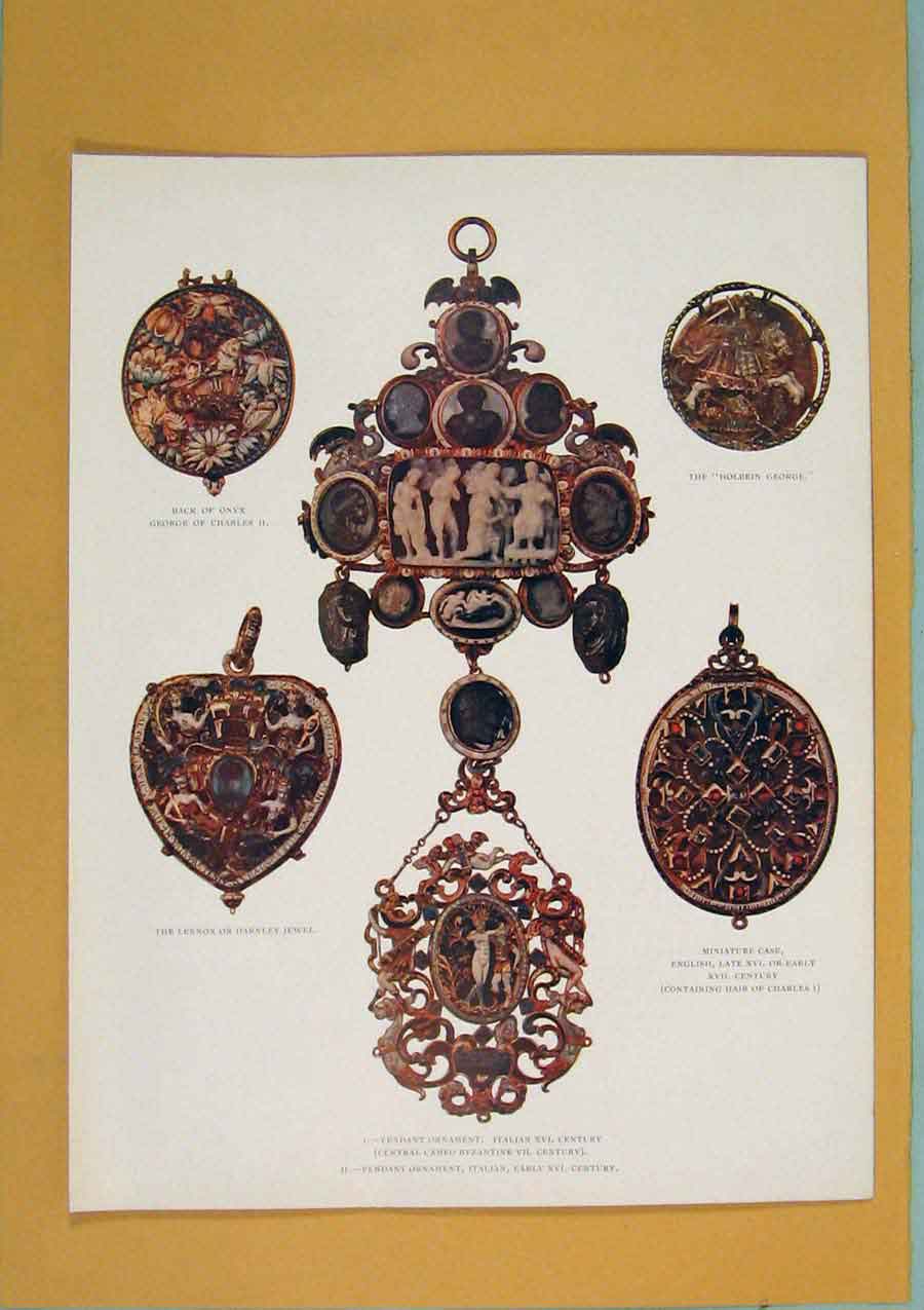 Original Old Antique Print Onyx George Holbein Lennox Darnley Miniatrue Case