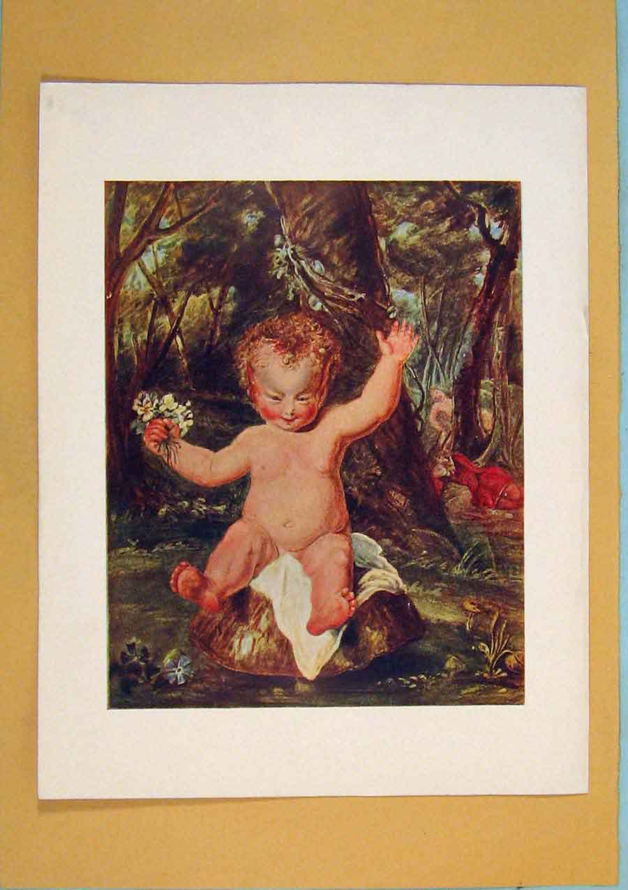 Original Old Antique Print Puck Water Color Drawing Baby Forest