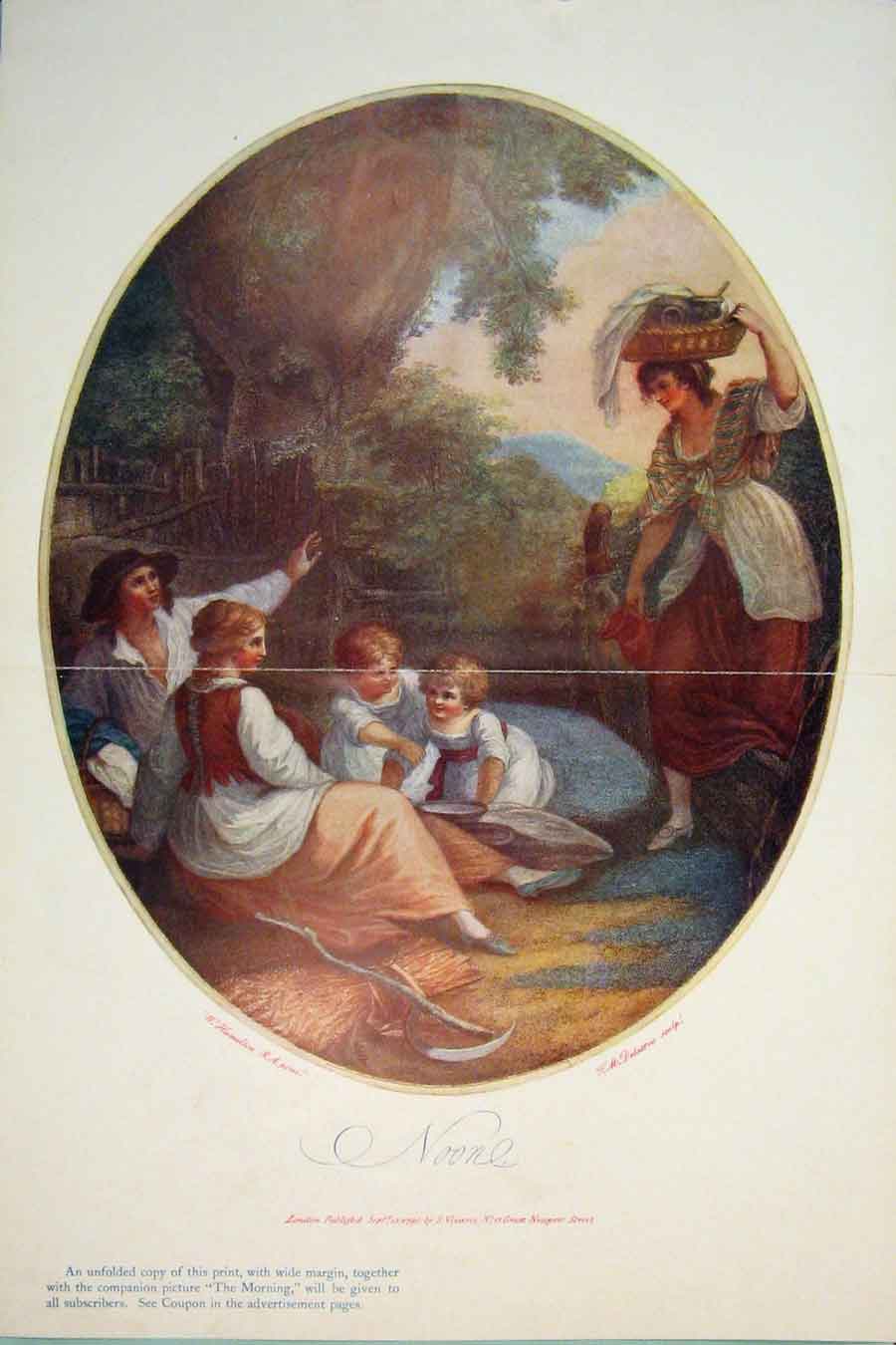 Original Old Antique Print Noon Lunch Dinner Family Color Portrait