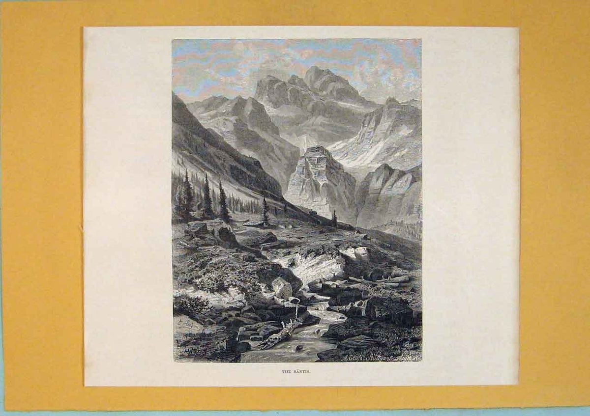Original Old Antique Print Santis Switzerland Fine Art 1878 Mountain Victorian