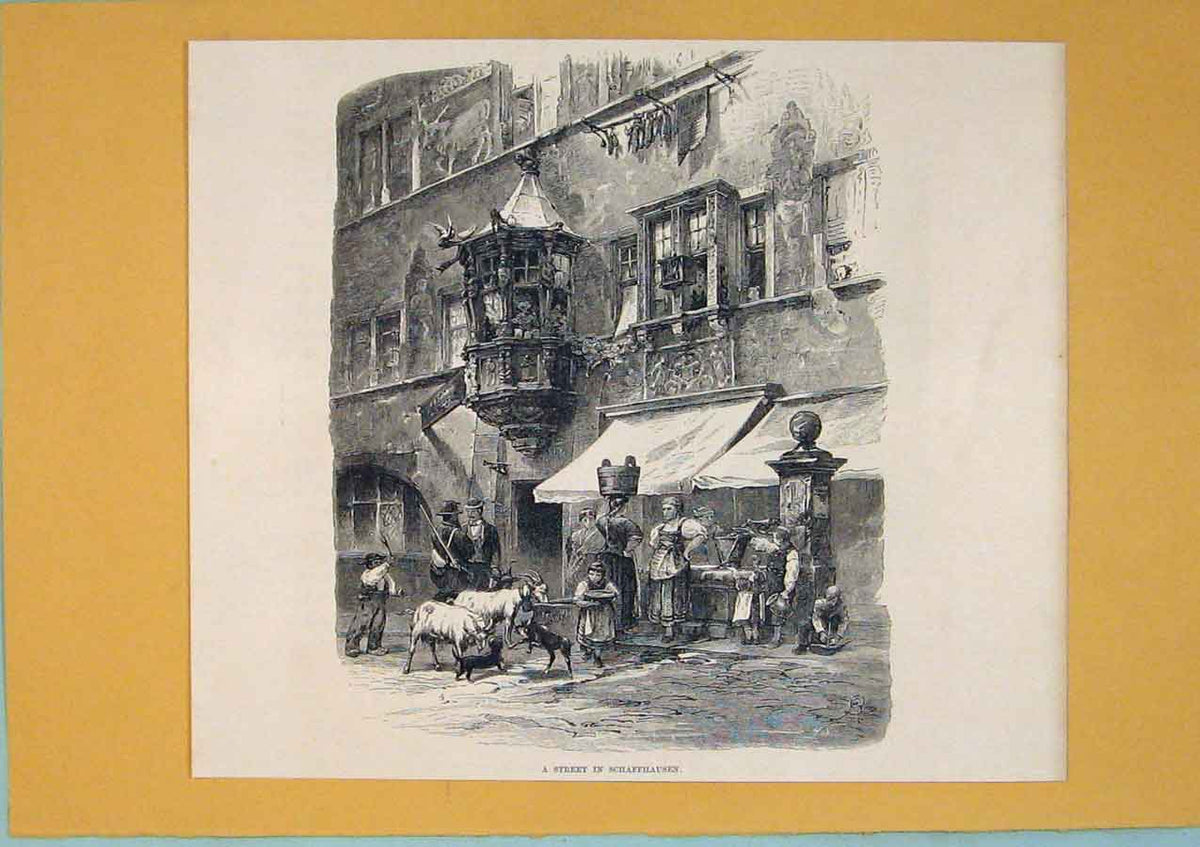 Original Old Antique Print Street Schaffhausen Switzerland Culture