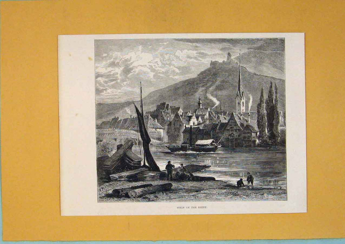 Original Old Antique Print C1878 Switzerland Stein Rhine Boat Harbour Lake 19th