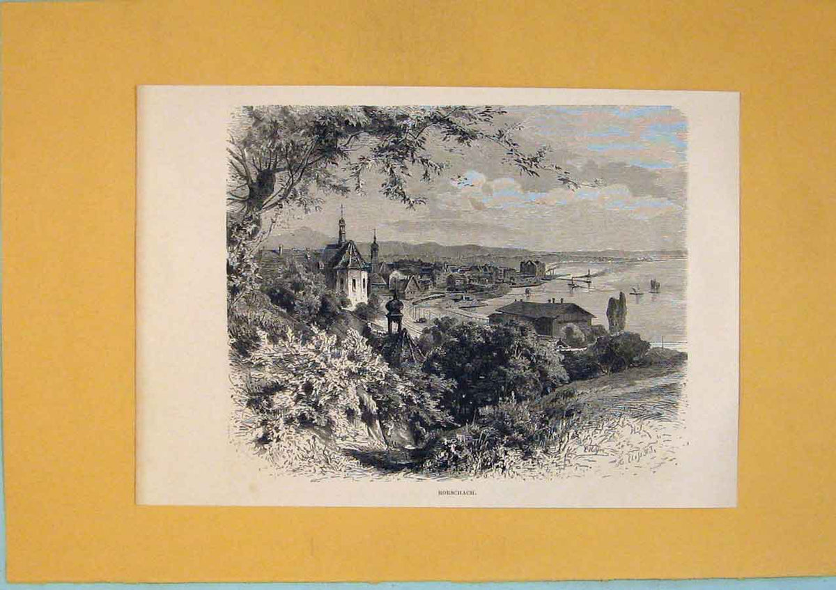 Original Old Antique Print Rorschach Switzerland City Lake C1878 Art Victorian