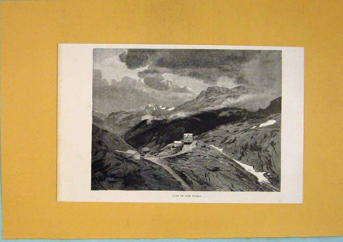 Original Old Antique Print Pass Furka Mountain Village Switzerland Victorian