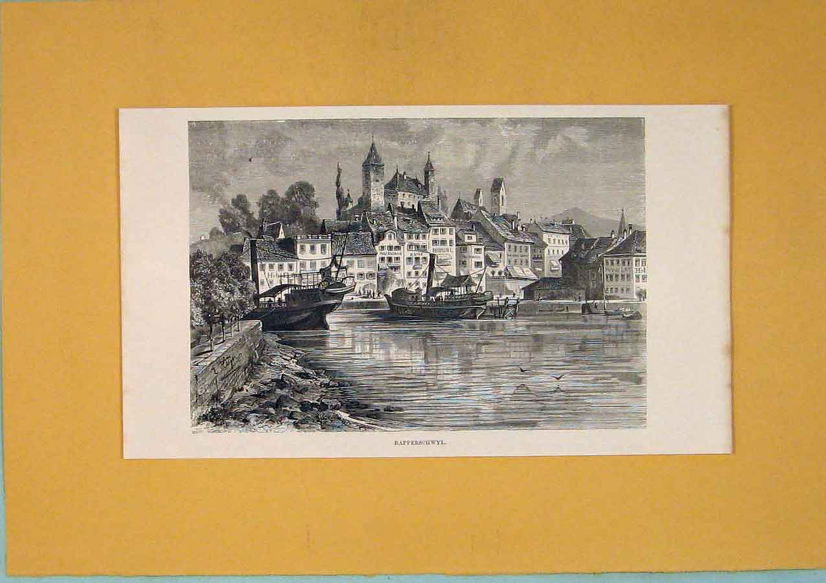 Original Old Antique Print Switzerland Rapperschwyl C1878 Art 19th