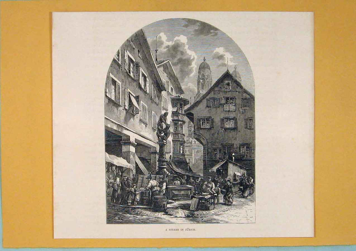 Original Old Antique Print Street Zurich Switzerland Fine Art C1878 Victorian