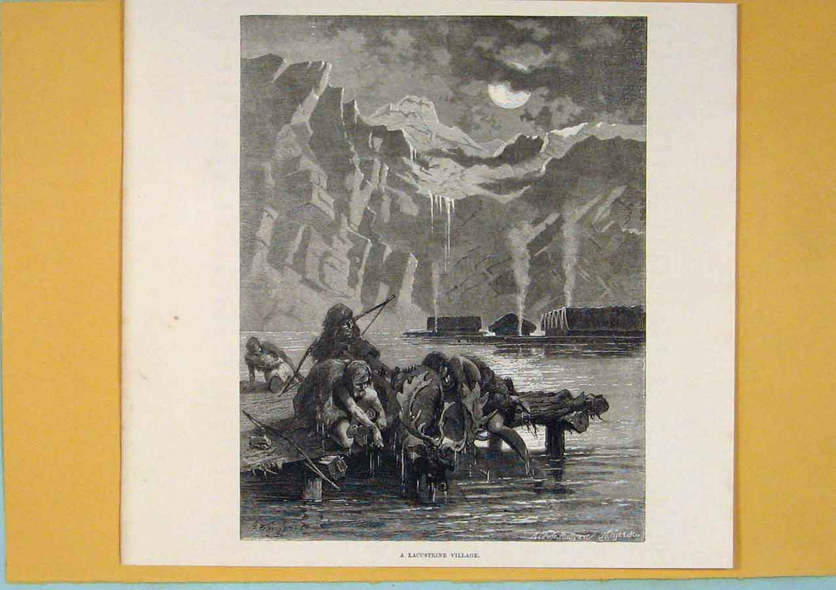 Original Old Antique Print Lake Lacustrine Village Switzerland C1878 Victorian