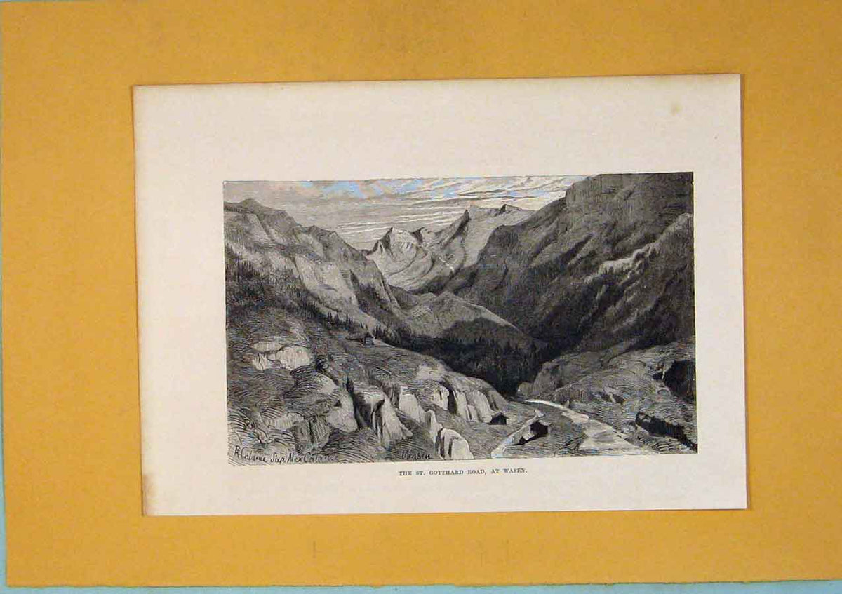 Original Old Antique Print Mountain Switzerland St Gotthard Wasen