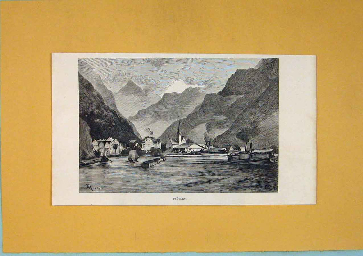 Original Old Antique Print Fluelen Lake Mountain Switzerland C1878/ Victorian