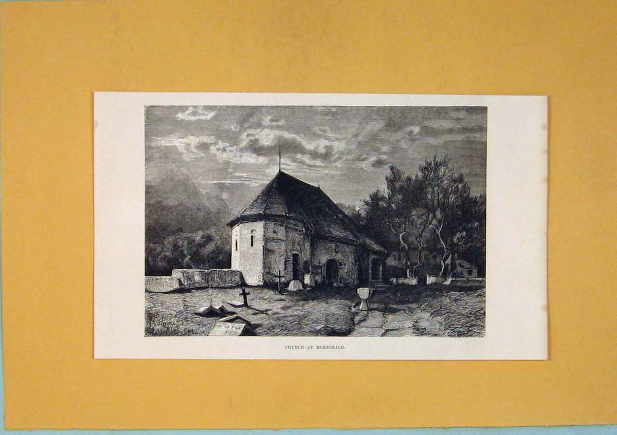 Original Old Antique Print Church Motschach Switzerland Mountain C1878 Fine Art