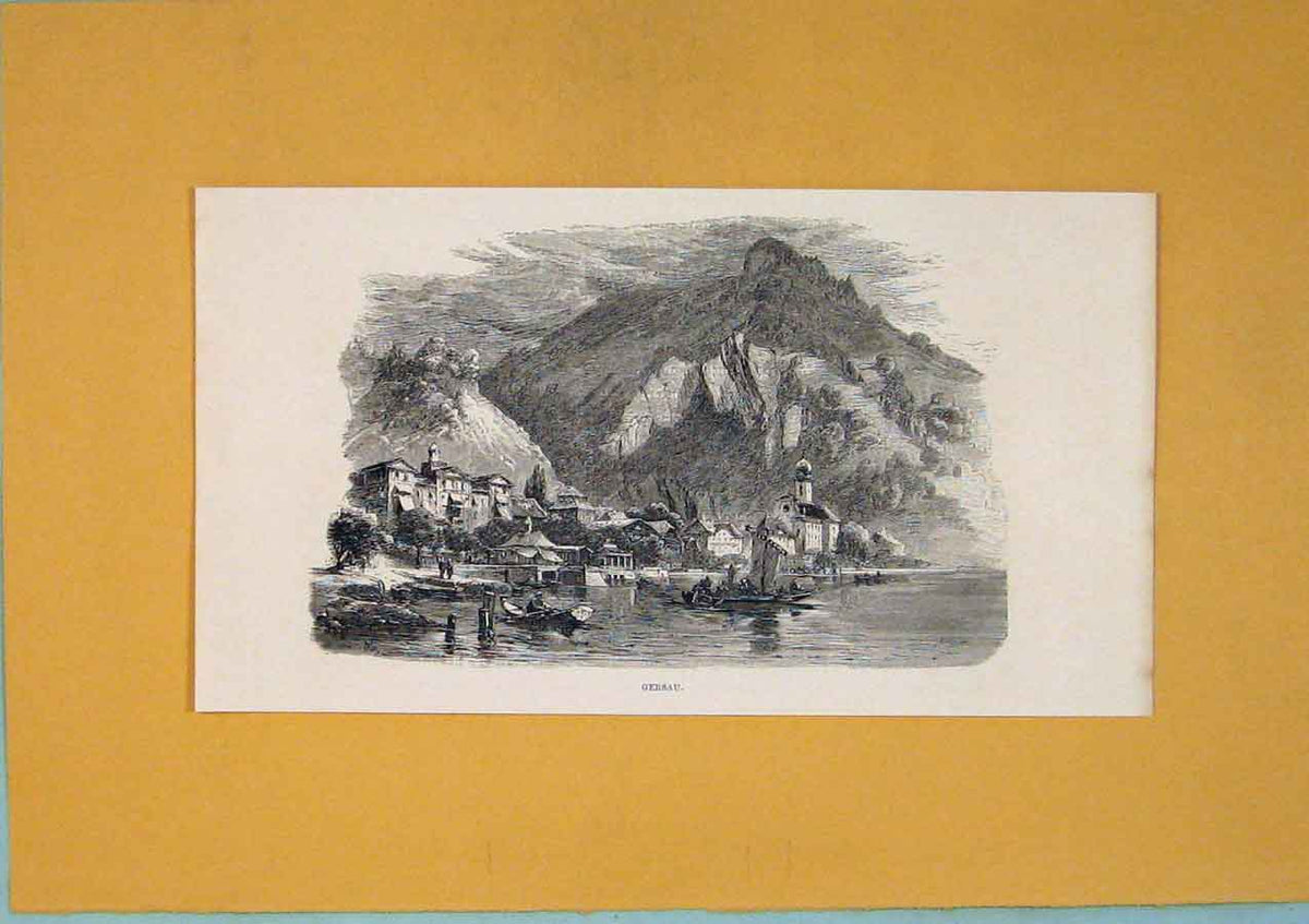 Original Old Antique Print Gersau Switzerland Mountain Lake Village