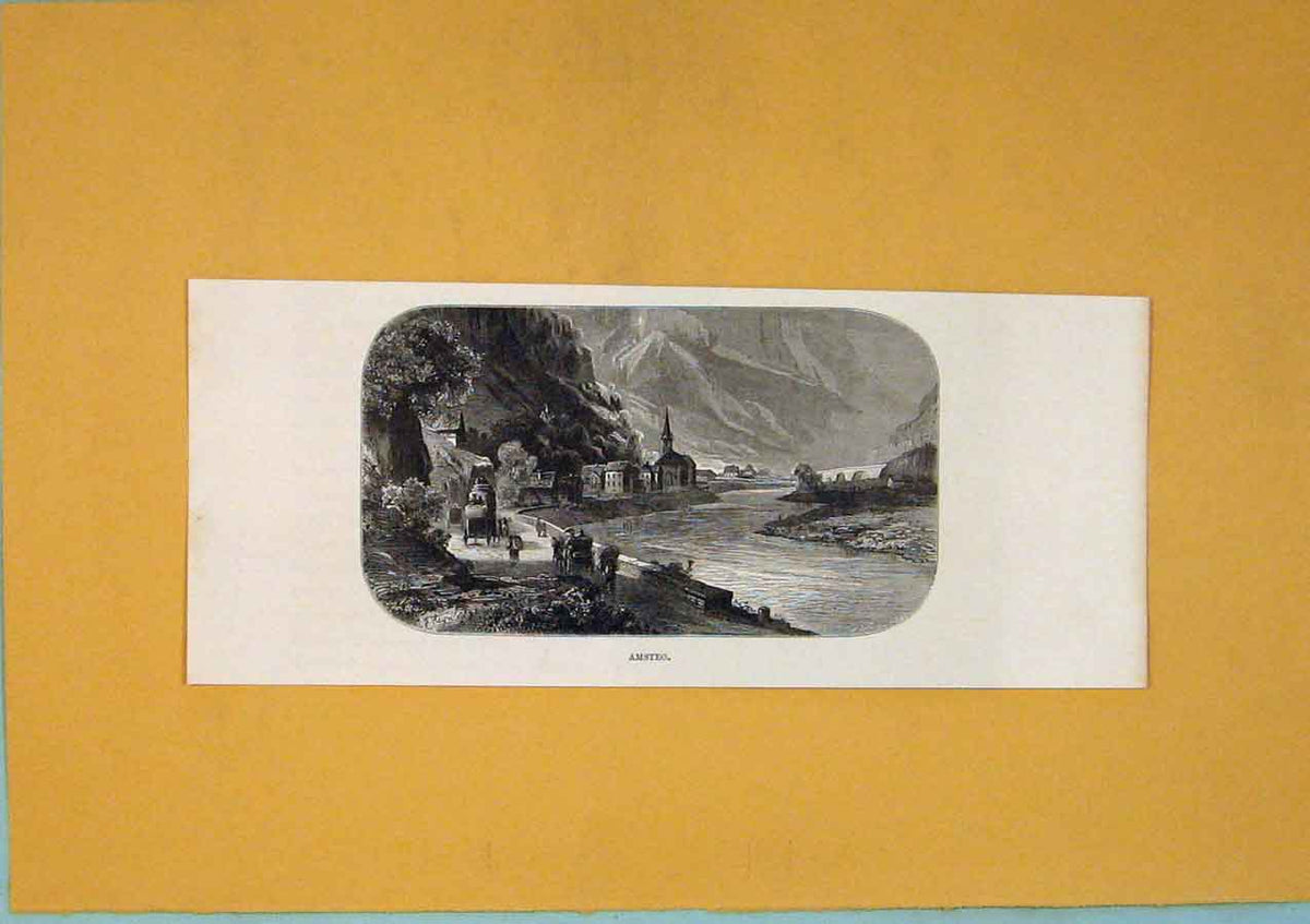 Original Old Antique Print Switzerland Amsteg Fine Art C1878 Lake 19th