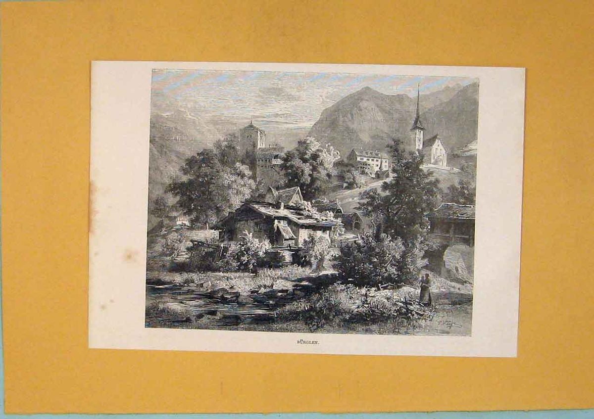 Original Old Antique Print C1878 Switzerland Burglen Mountain Town Victorian
