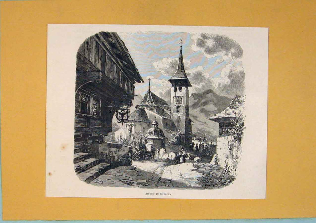Original Old Antique Print Church Burglen Switzerland Town City