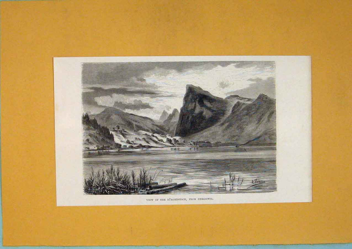 Original Old Antique Print Burgenstock Heriswil Switzerland Lake Mountain