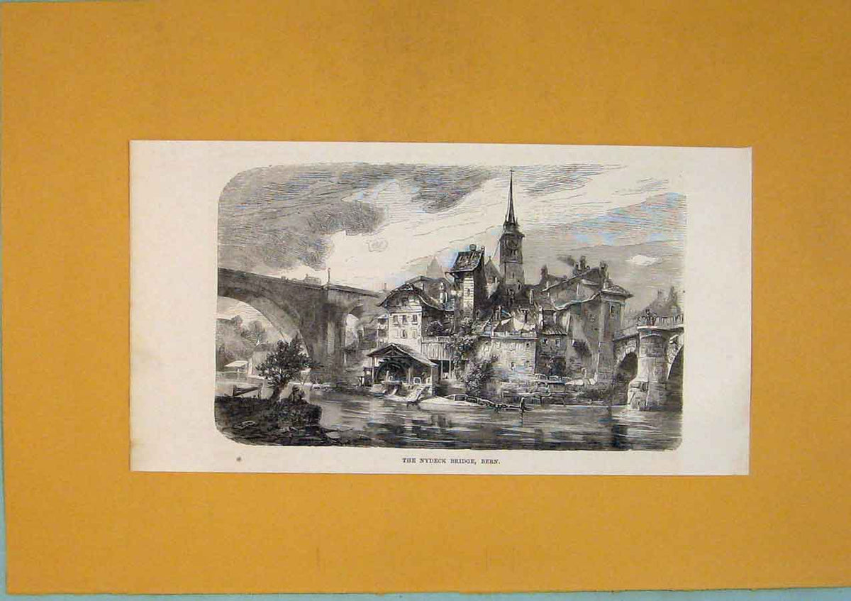 Original Old Antique Print Switzerland Nydeck Bridge Lake City Town