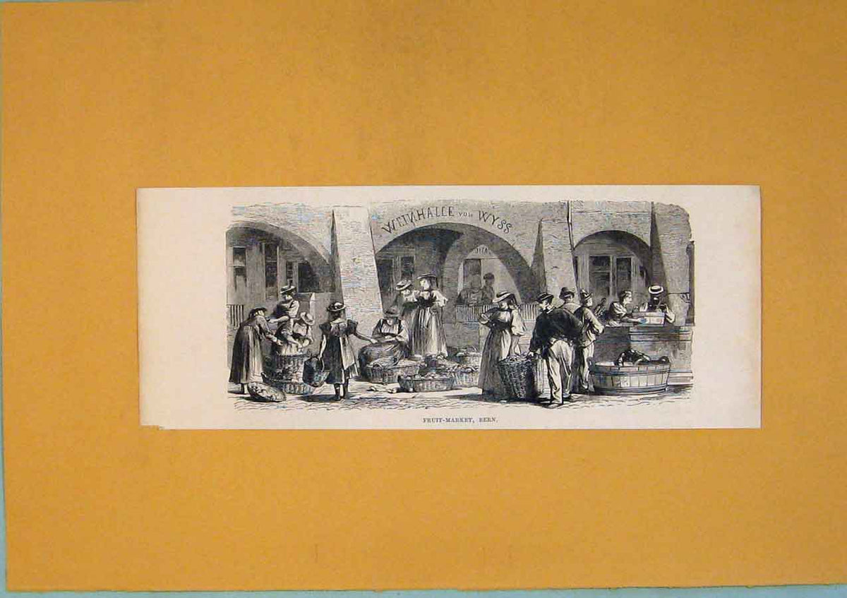 Original Old Antique Print Fruit Market Switzerland C1878 Swiss Art Victorian