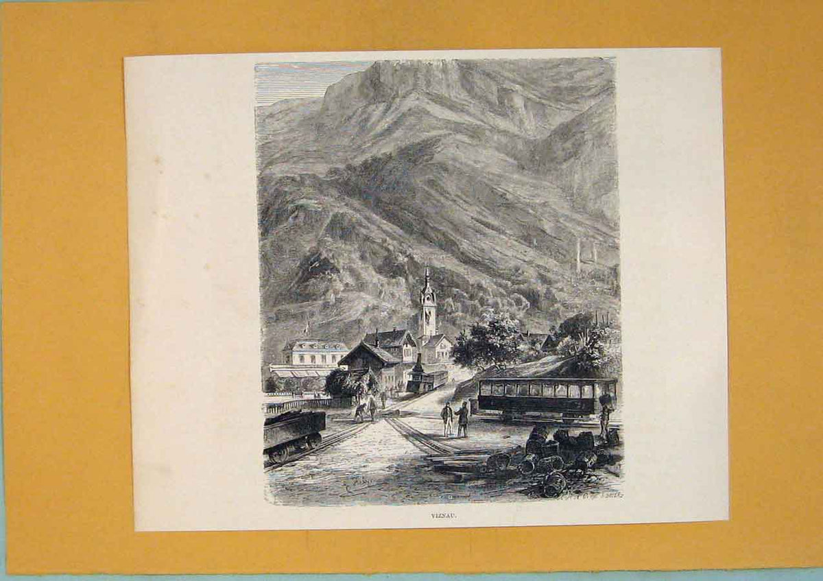 Original Old Antique Print Vixnau Mountain Train Track Village City Town