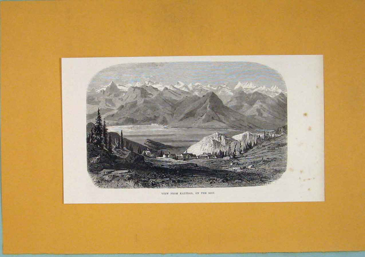 Original Old Antique Print Mountain Lake Switzerland Kaltbad Rigi
