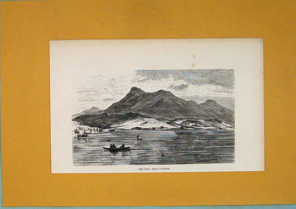 Original Old Antique Print Rgig Lucerne Mountain Lake Switzerland C1878 19th