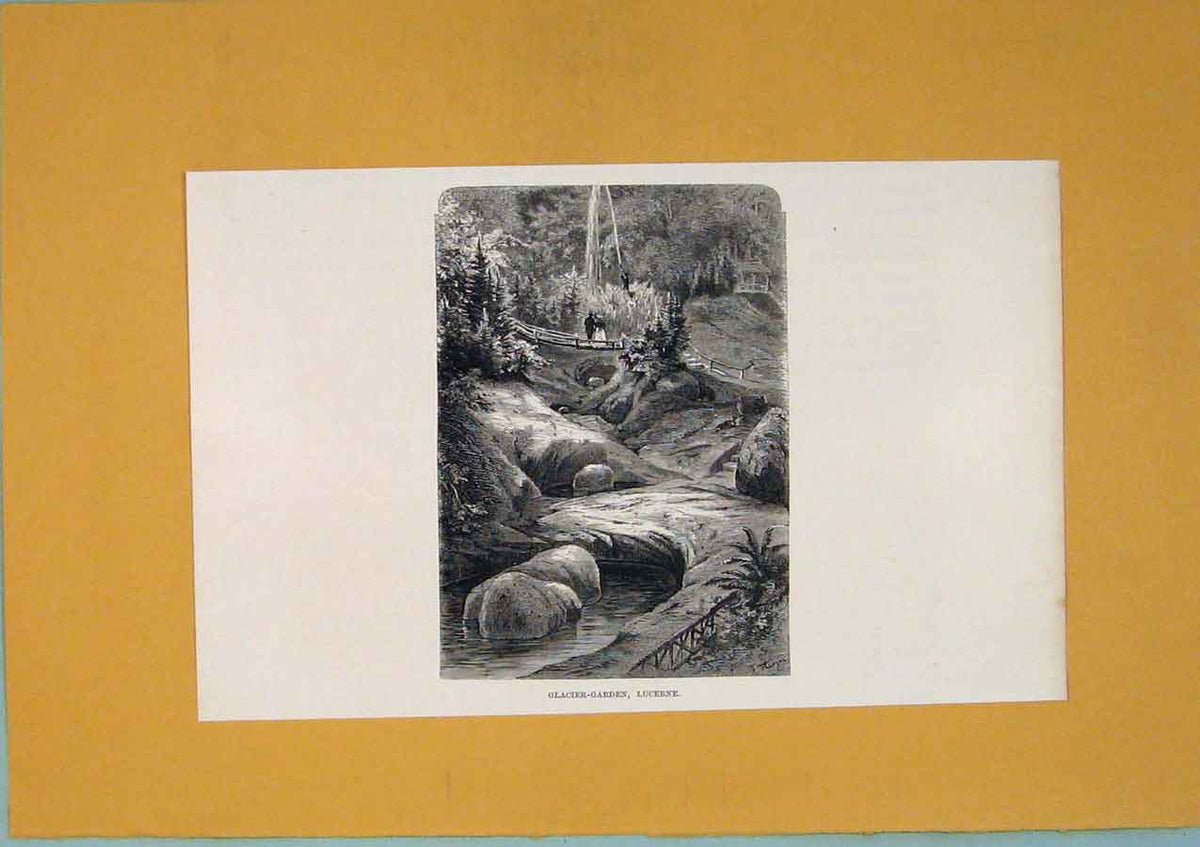 Original Old Antique Print C1878 Glacier Garden Lucerne Switzerland Victorian