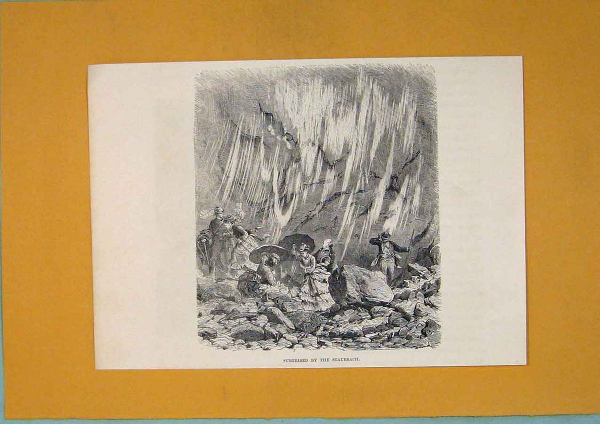 Original Old Antique Print C1878 Staubbach Men Lady Mountain Switzerland 19th