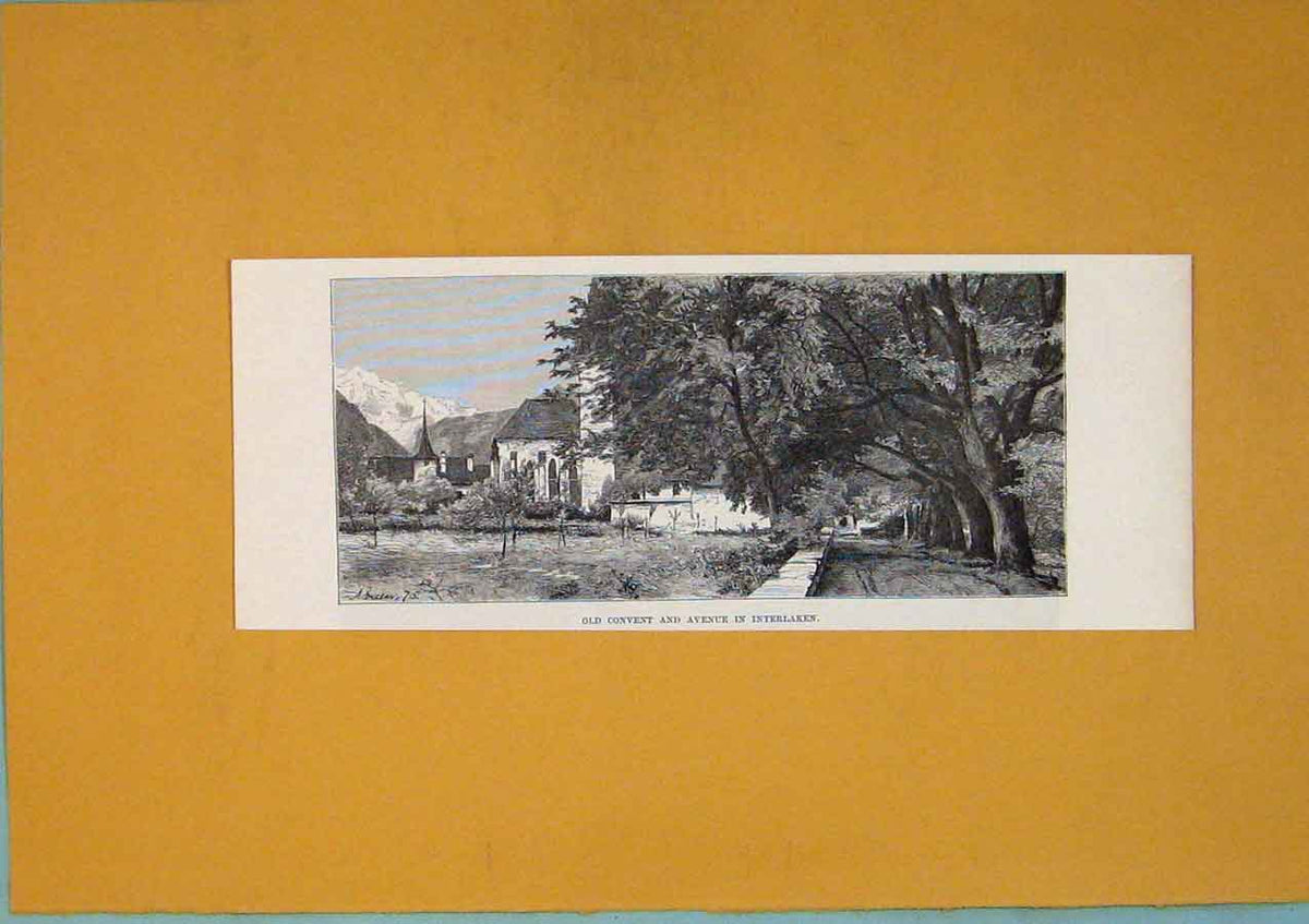 Original Old Antique Print C1878 Convent Avenue Interlaken Switzerland Victorian
