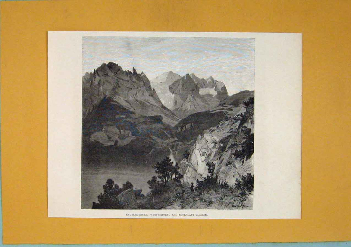Original Old Antique Print Switzerland Engelhoerner Wetterhorn Rosenlaud Glacier