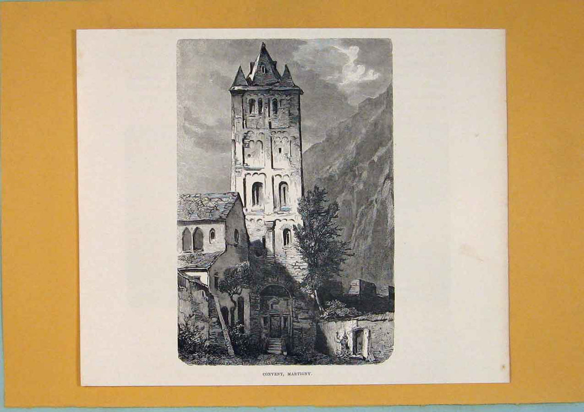 Original Old Antique Print Covent Martigny Switzerland Moutain C1878 Victorian