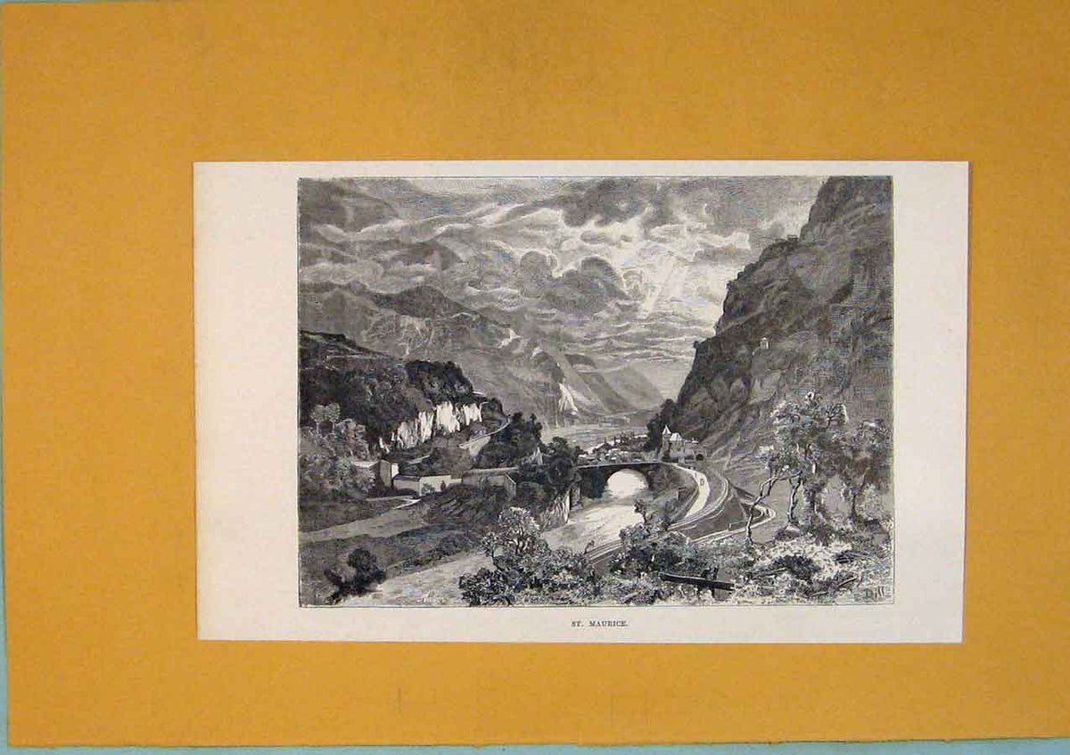 Old Antique Print St Maurice Mountain Village Town City Switzerland 1878 19th