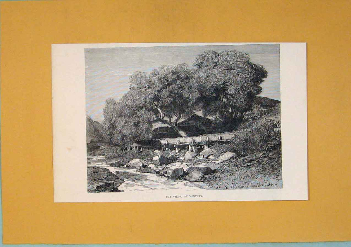 Original Old Antique Print C1878 Monthey Stream Switzerland Fine Art Victorian