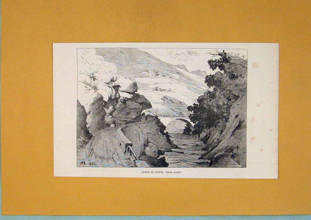Original Old Antique Print Gorge Piotta Faido Switzerland Mountain River