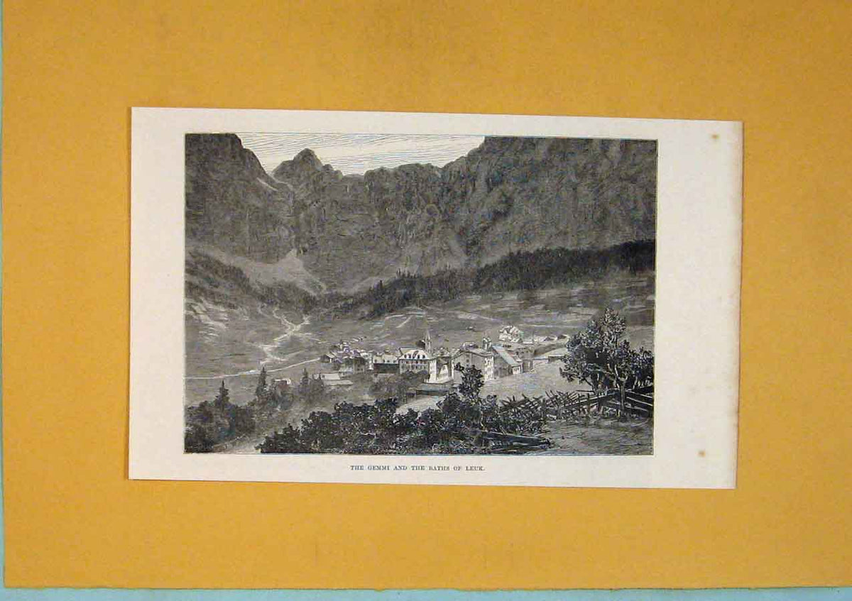 Original Old Antique Print Gemmin Baths Leuk City Town Mountian Village