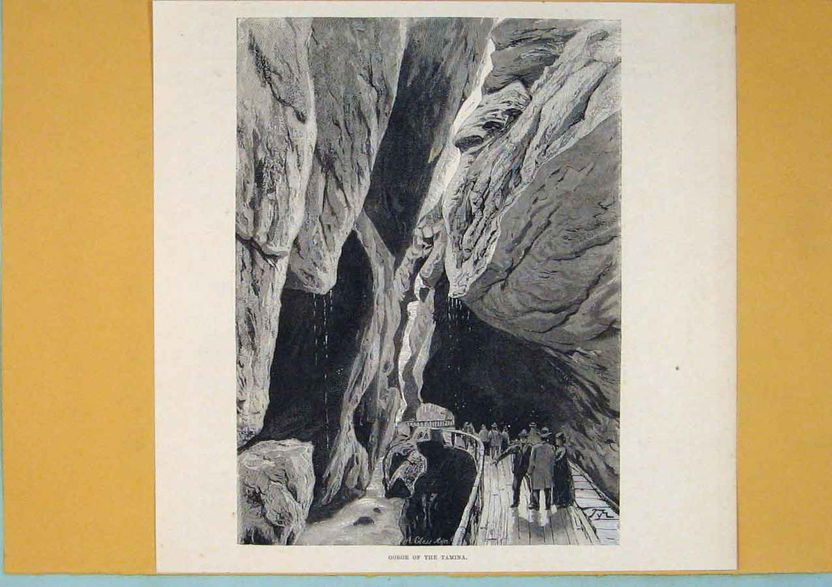 Original Old Antique Print Gorge Tamina Mountain Gorge Pass Road Switzerland