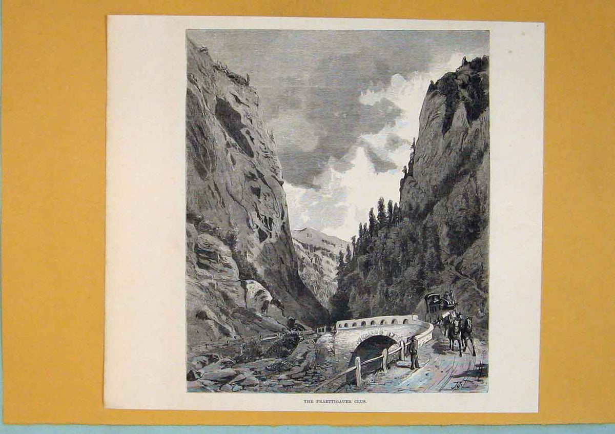 Original Old Antique Print Praettigauer Clus Road Pass Mountain Horse Carriage