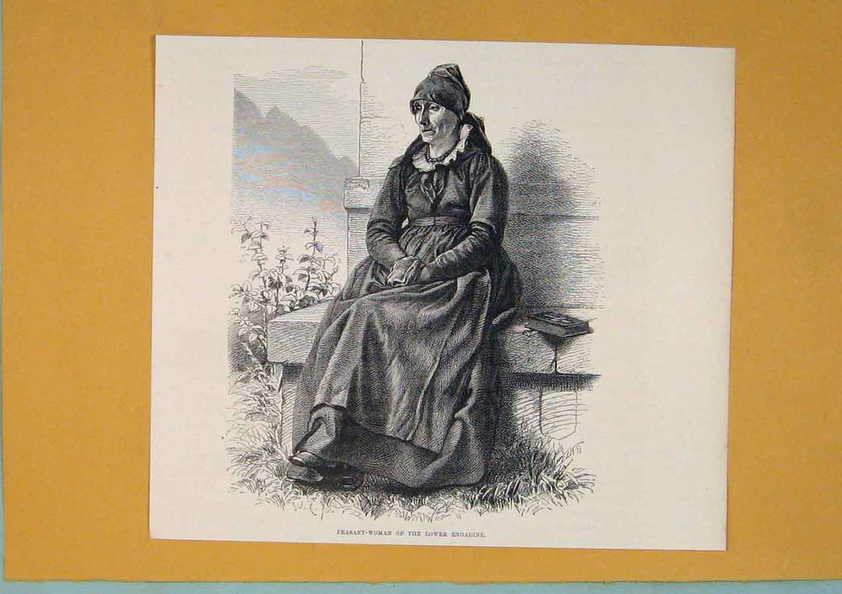 Original Old Antique Print Pheasant Womand Lower Engadine Switzerland