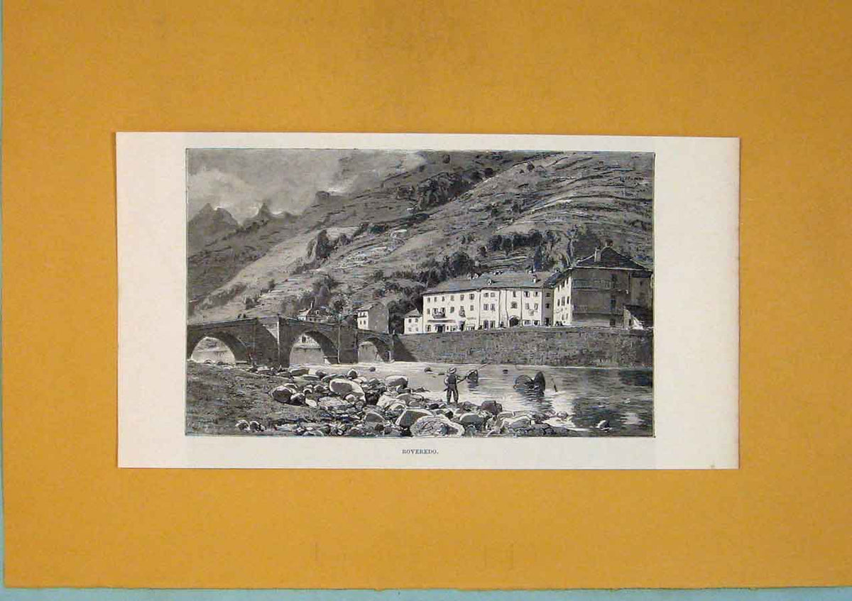 Original Old Antique Print Roveredo City Village River Bridge Swiss
